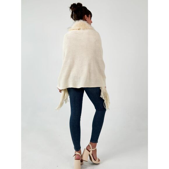 Women\'s Shawl Wrap Poncho Ruana Cardigan Stylish Cape Fuax Fur Sweater 8132